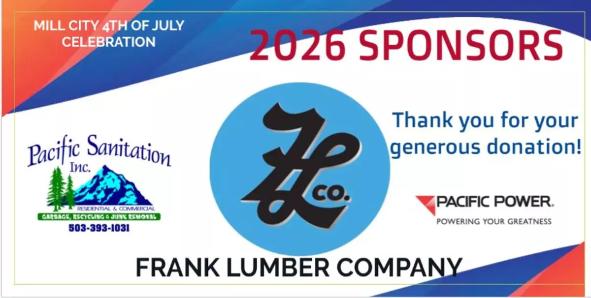 Mill City 4th of July Sponsors; Frank Lumber Co, Pacific Sanitation, Pacific Power
