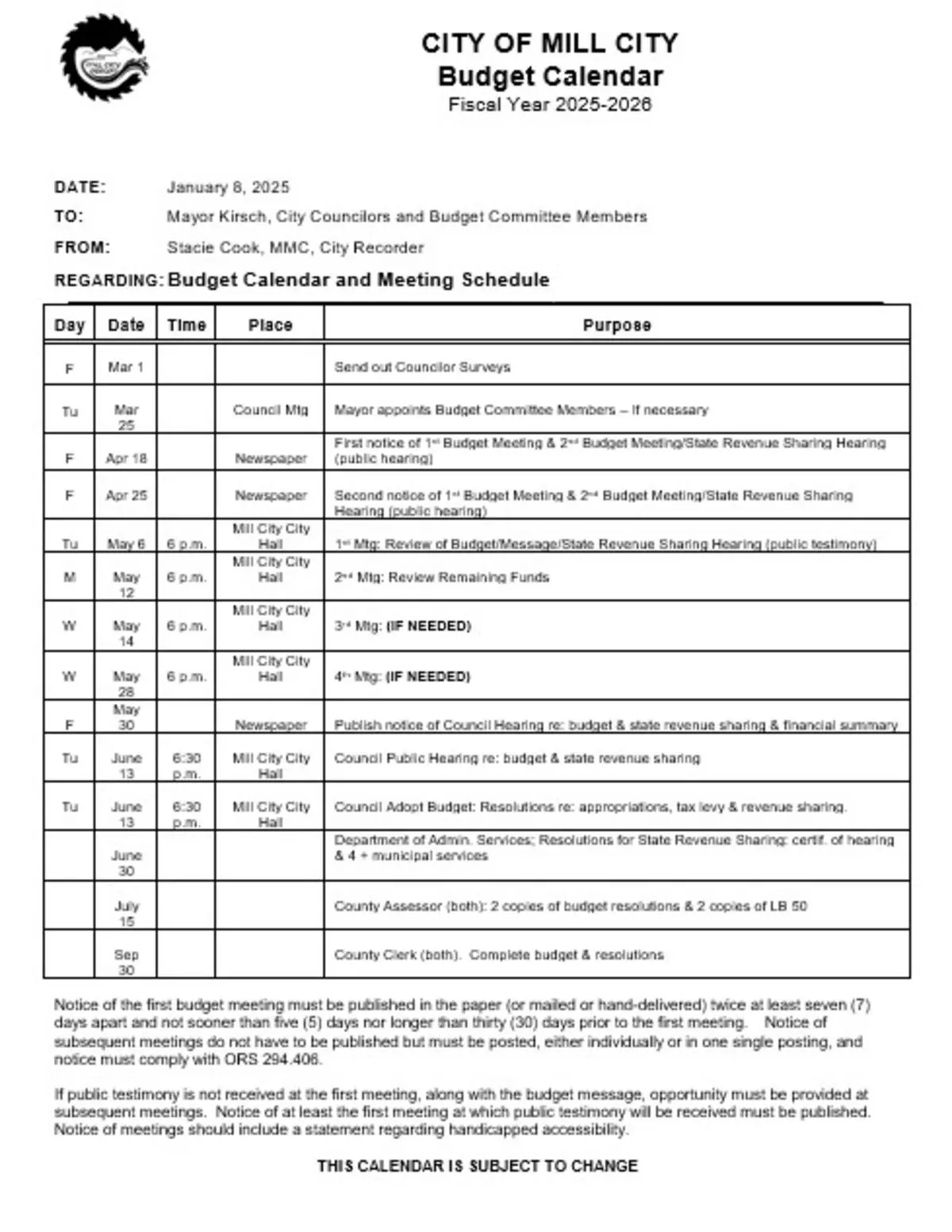Mill City Fiscal Year 2025-2026 Budget Calendar
